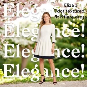 Eliza J White Dot Textured Fit & Flare Dress 8 Classic Boat Neck A-Line